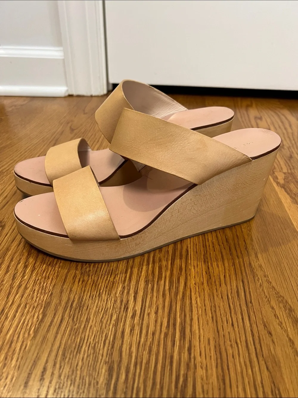 Loeffler Randall Neutral Double-Strap Wooden Wedge Slides Size 10